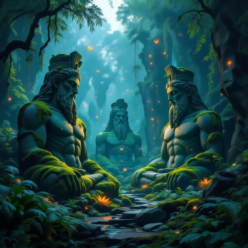 Bioluminescent Alien Rainforest with Greek God Statues