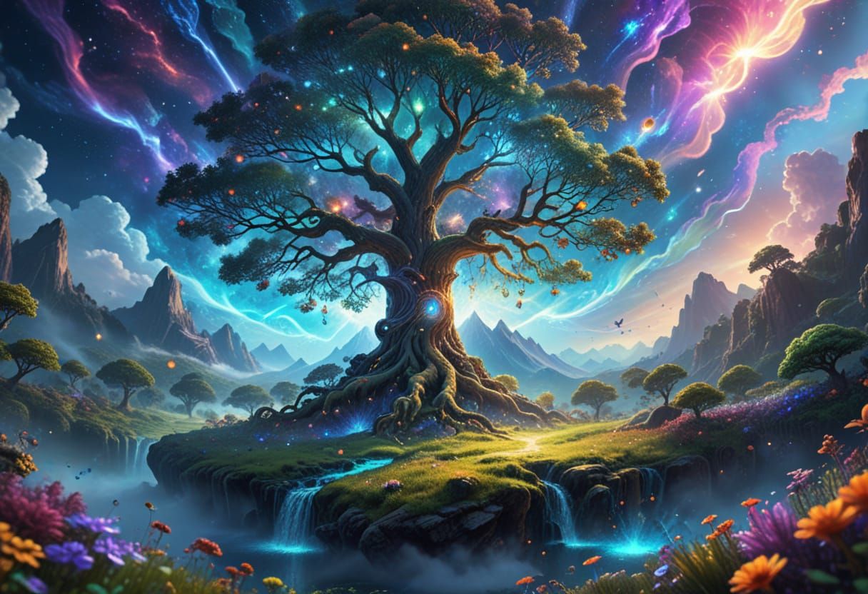 Surreal Cosmic Tree Blooms with Life in Vibrant Holographic ...
