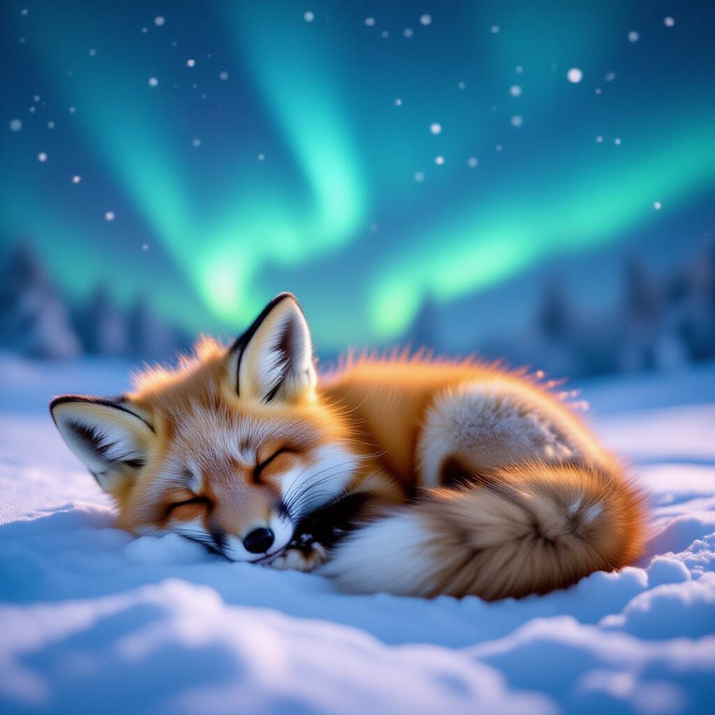 Adorable Fox Pup Sleeps Under Northern Lights