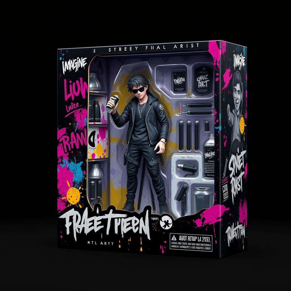 imagine a grunge-style action figure box featuring a street artist.