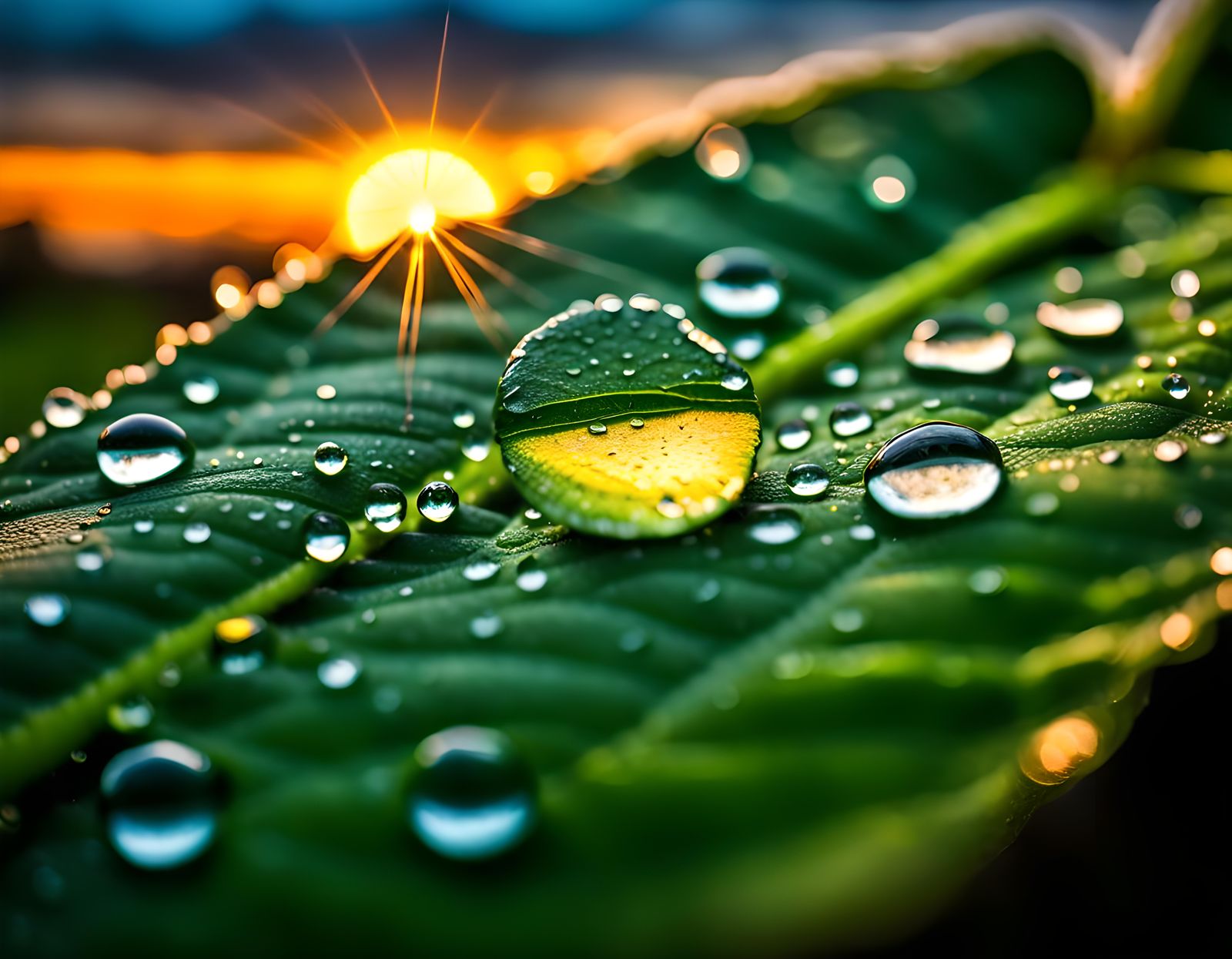 Sunrise Reflected in Dewdrop: Hyperrealistic Detail