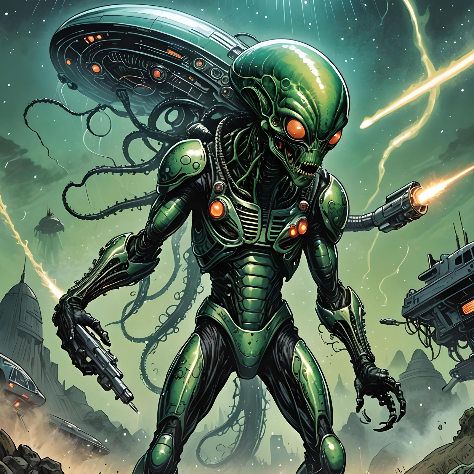 Comic-Style Alien with Ray Gun in Eerie Landscape