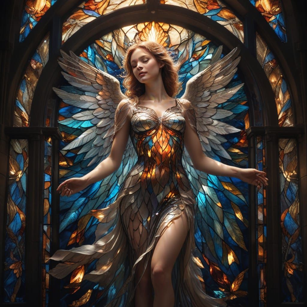 Hyperrealistic Angel Emerge from Stained-Glass in Soft Focus
