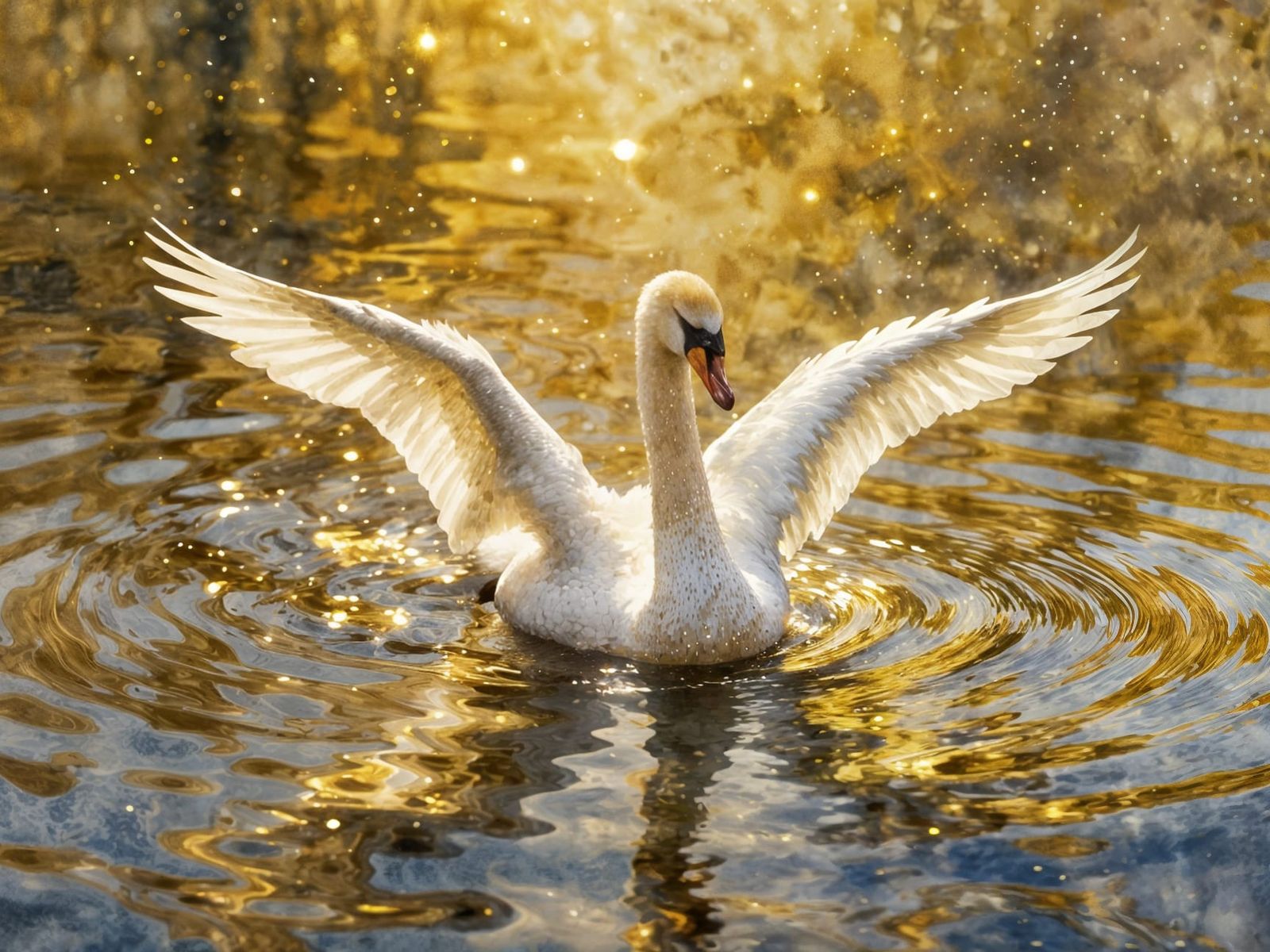 Abstract Watercolor Swan on Shimmering Golden Water