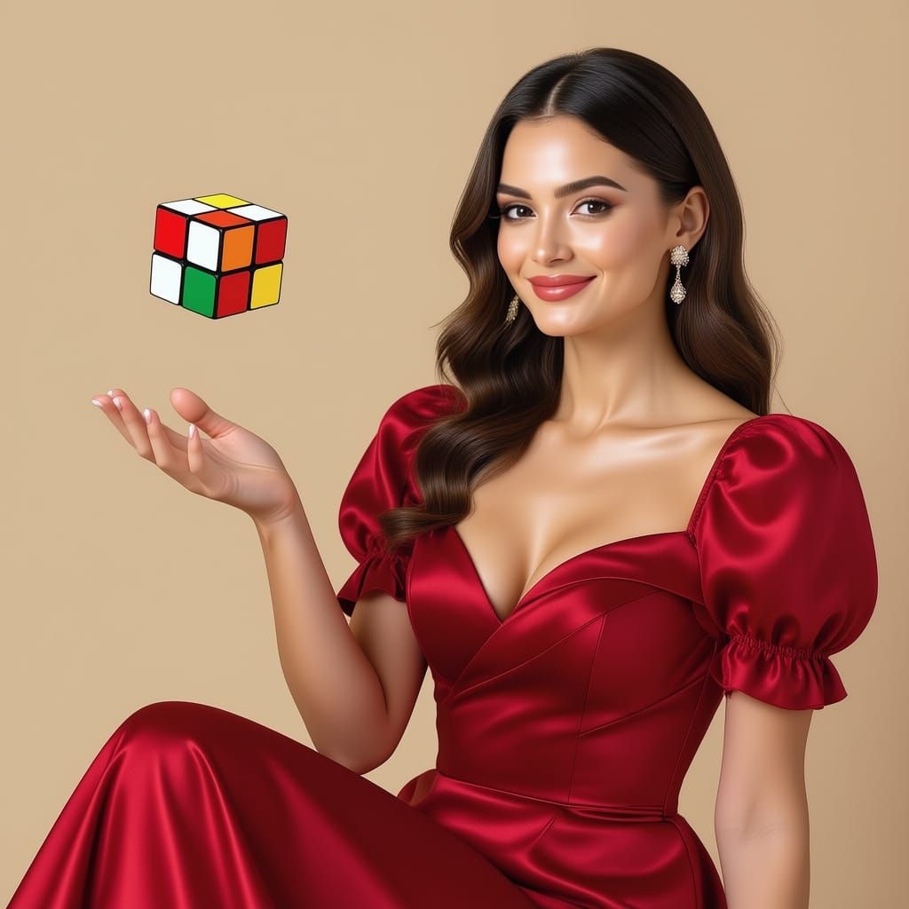 Woman Levitates Crimson Rubik's Cube in Silk Dress