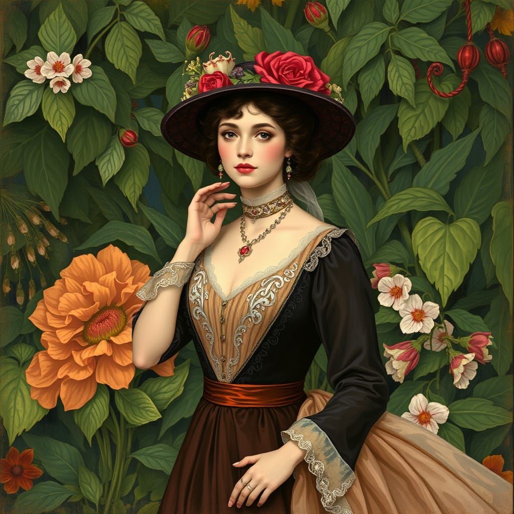 Whimsical Woman in Elegant Attire Amidst Lush Greenery