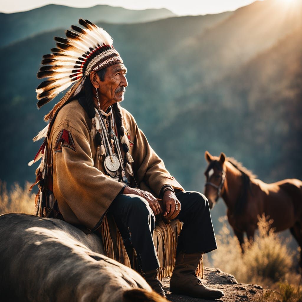 Native American Shaman Portrait in Mountain Sunlight