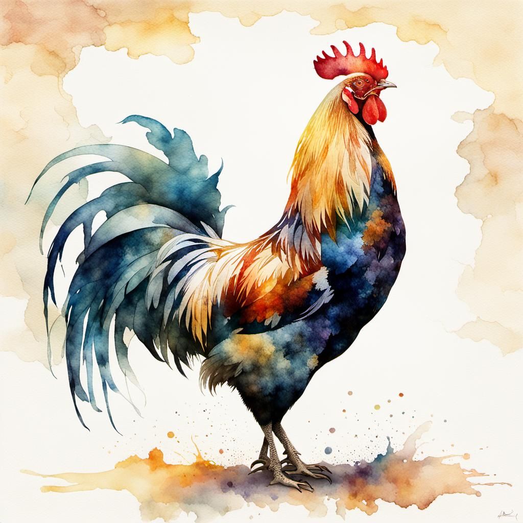 Colorful Rooster Crowing in Watercolor Style