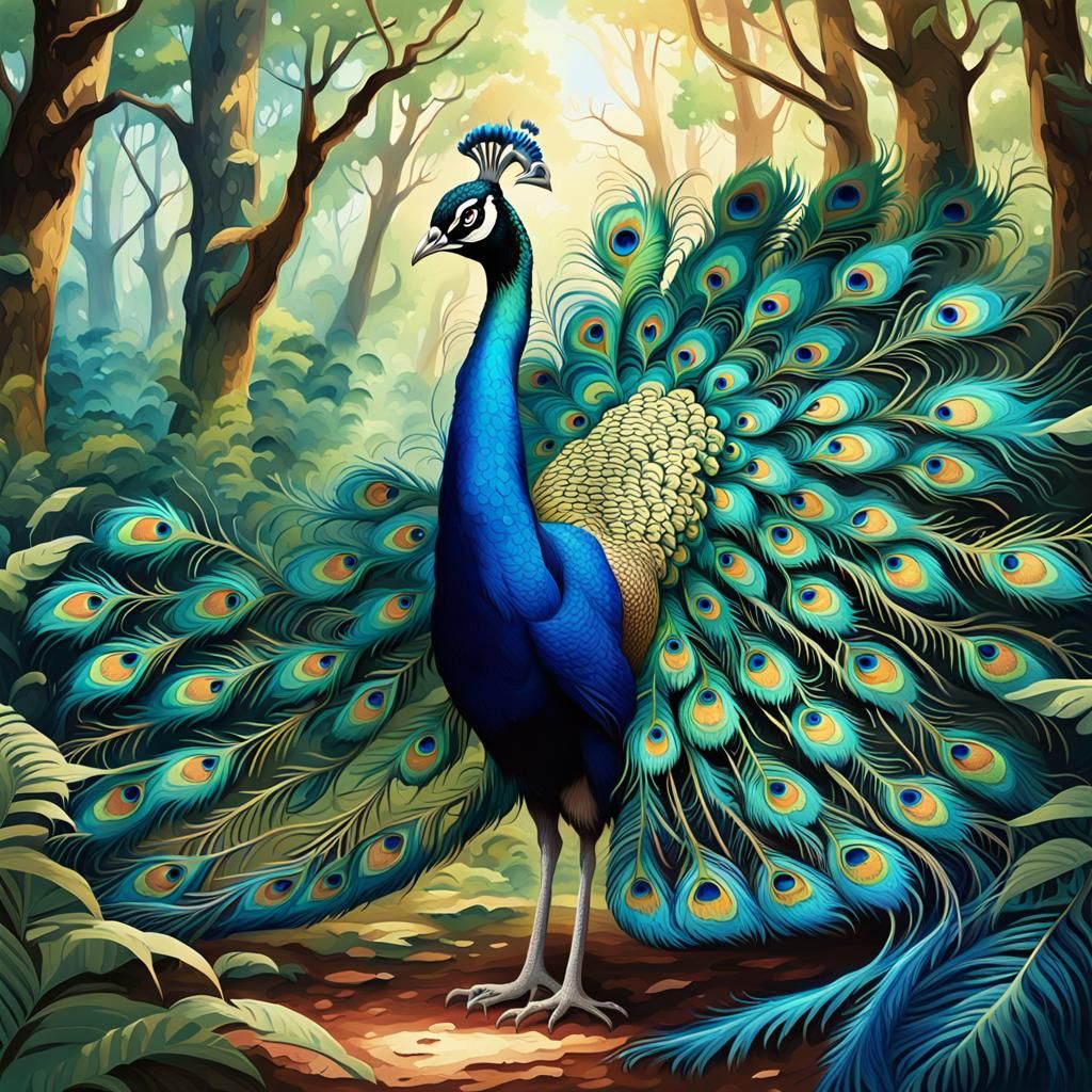 Cartoon-Style Peacock Takes Flight in Lush Forest