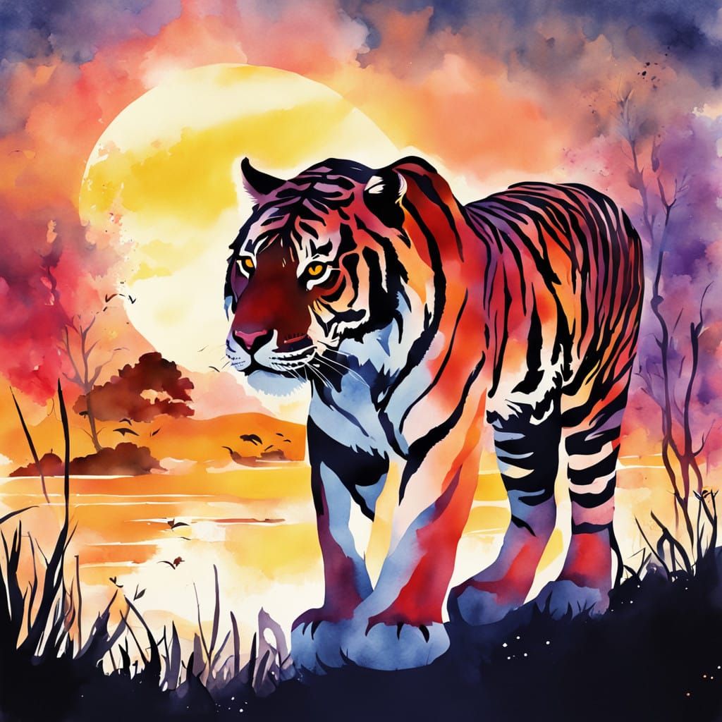 Vibrant Sunset Tiger Silhouette in Whimsical Watercolour Sty...