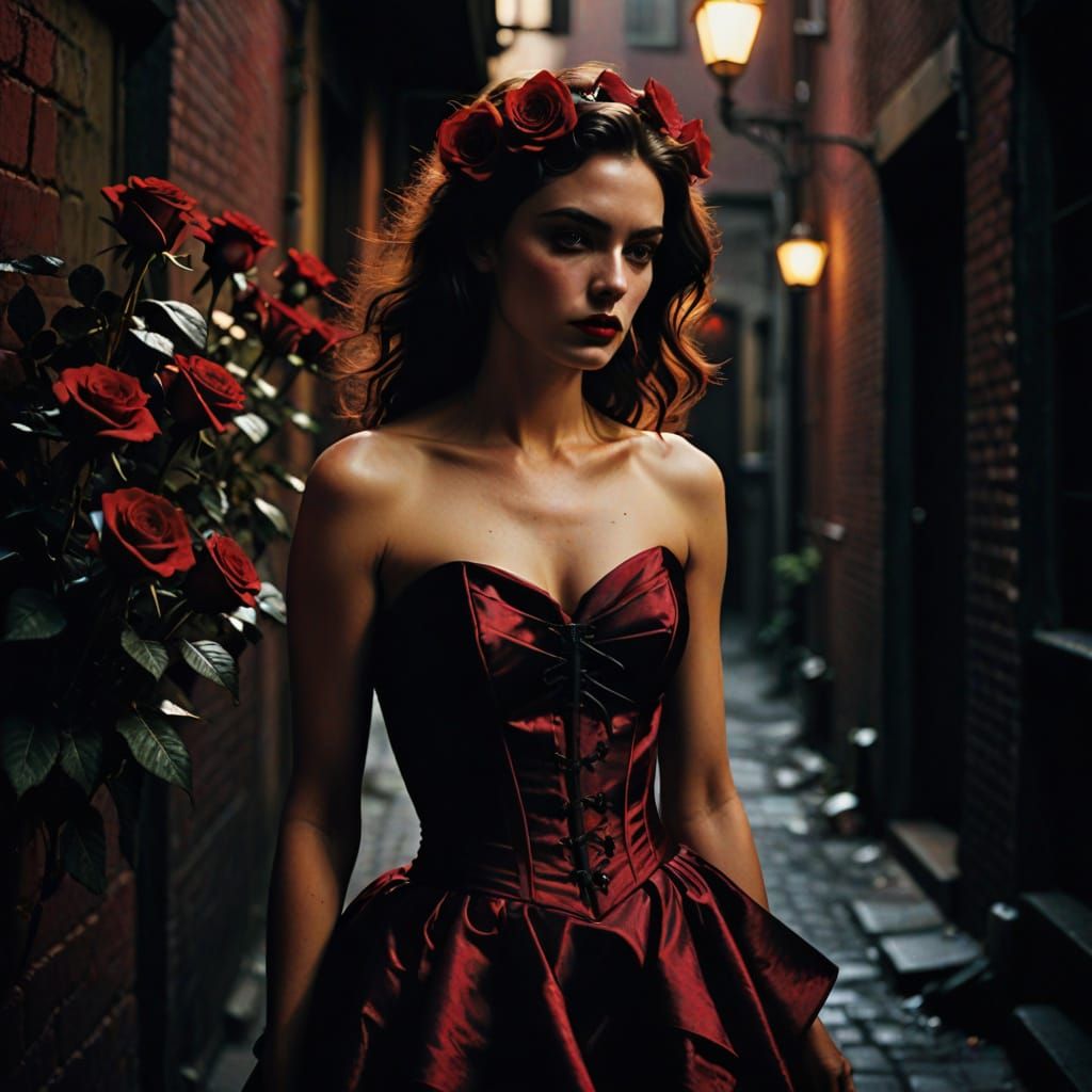 Sultry Redhead in Crimson Corset, Golden Hour in Urban Alley...