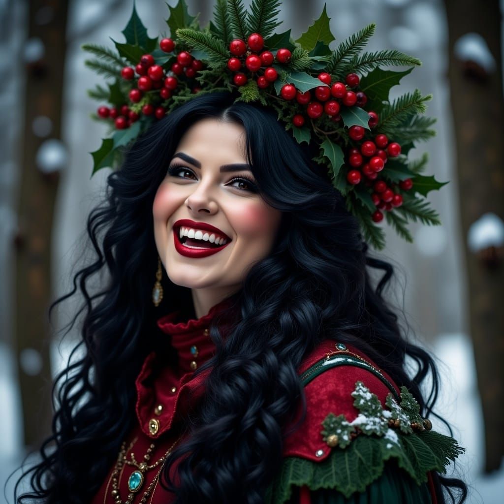 <lora:Gothic Beauty Flux:1.0> Beautiful Yule witch, (Laughin...