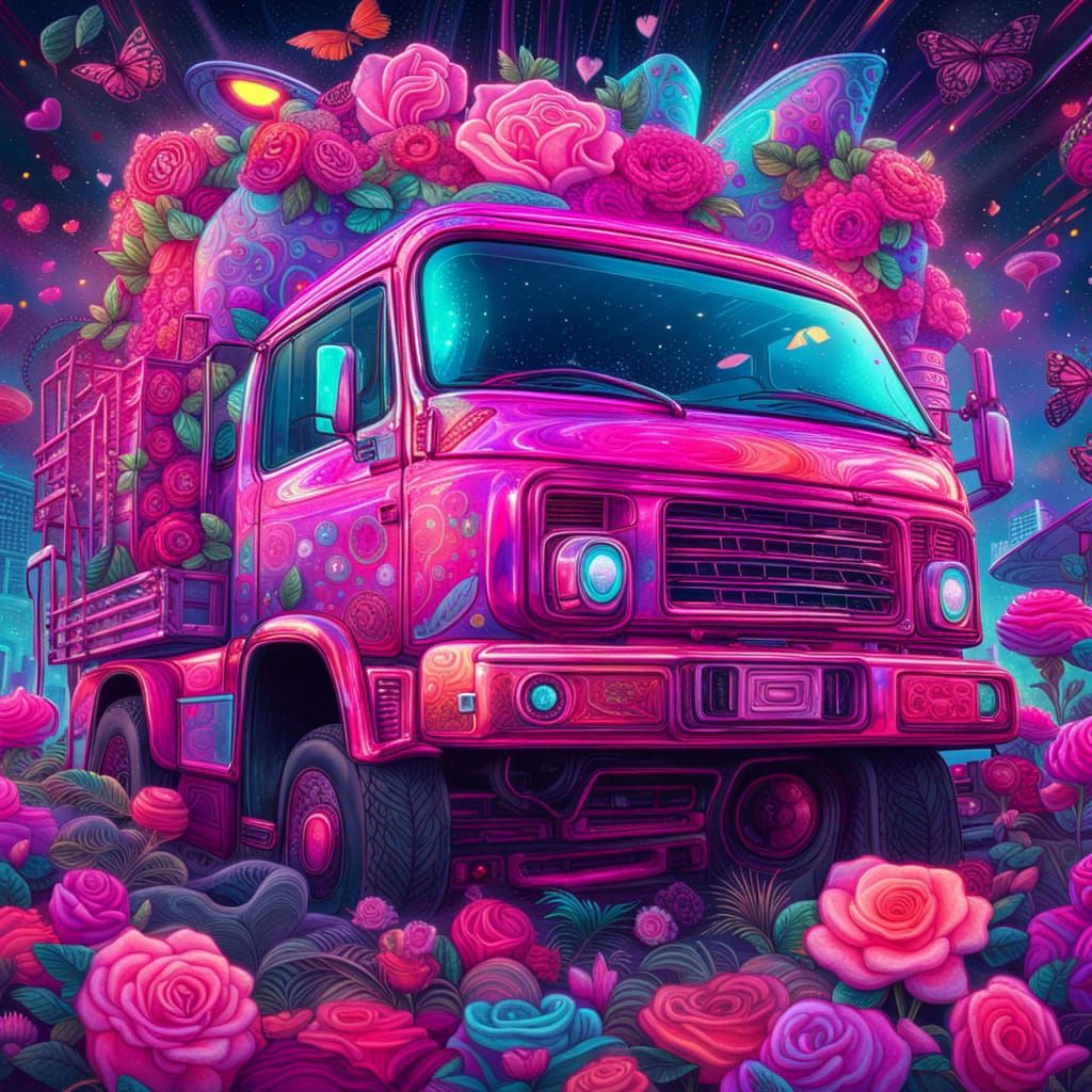 Cyberpunk Truck with Hearts and Butterflies