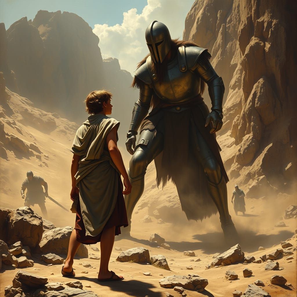 Dramatic Scene of David vs Goliath in Ancient Israelite Styl...