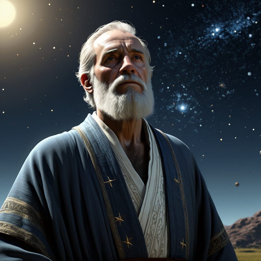 Aged Biblical Figure Contemplates Starry Midnight Sky