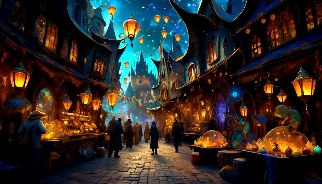 Mystical Night Market in a Whimsical Fantasy Realm