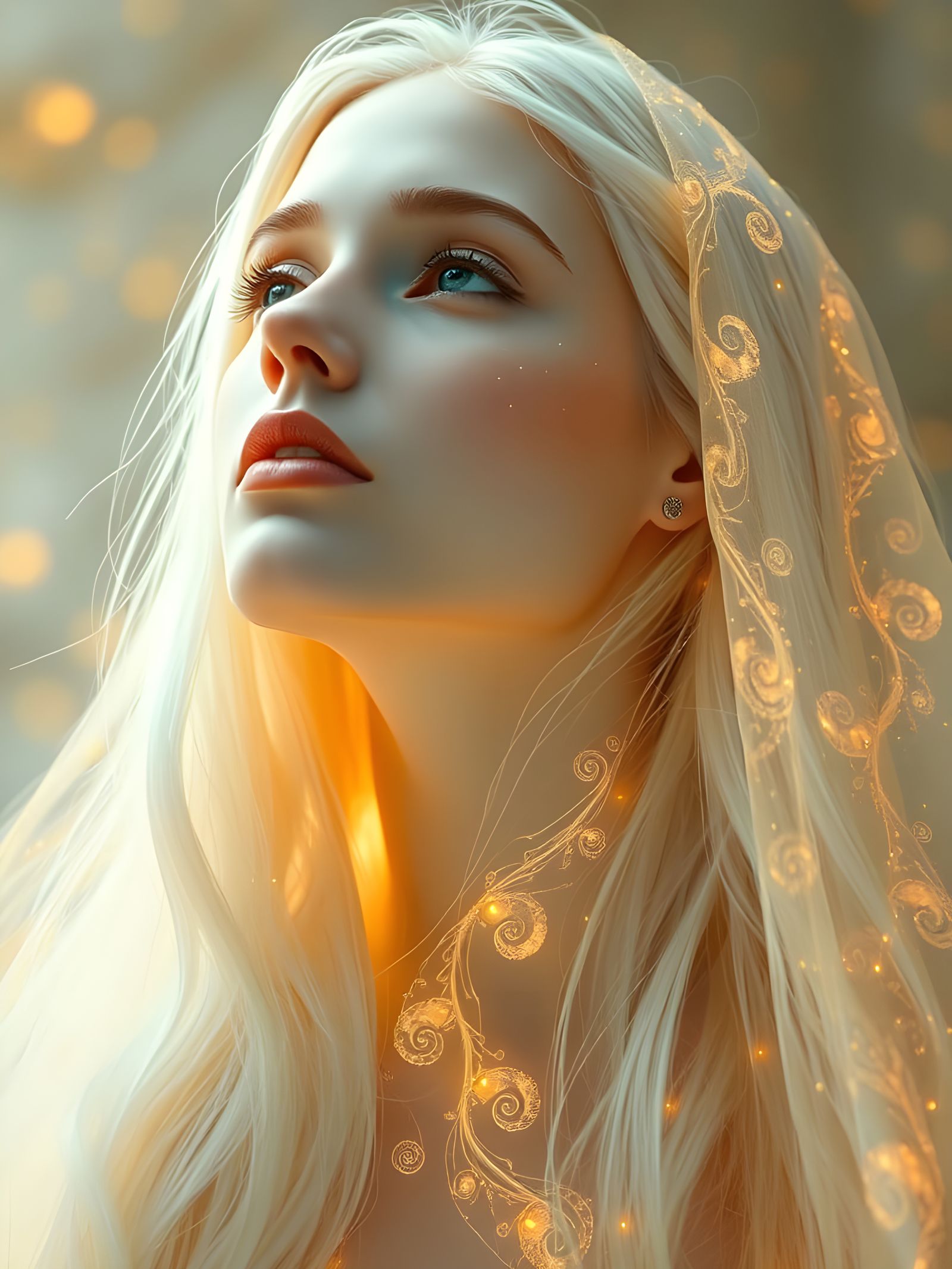 Ethereal Goddess in Golden Veil with Fractal Mystique