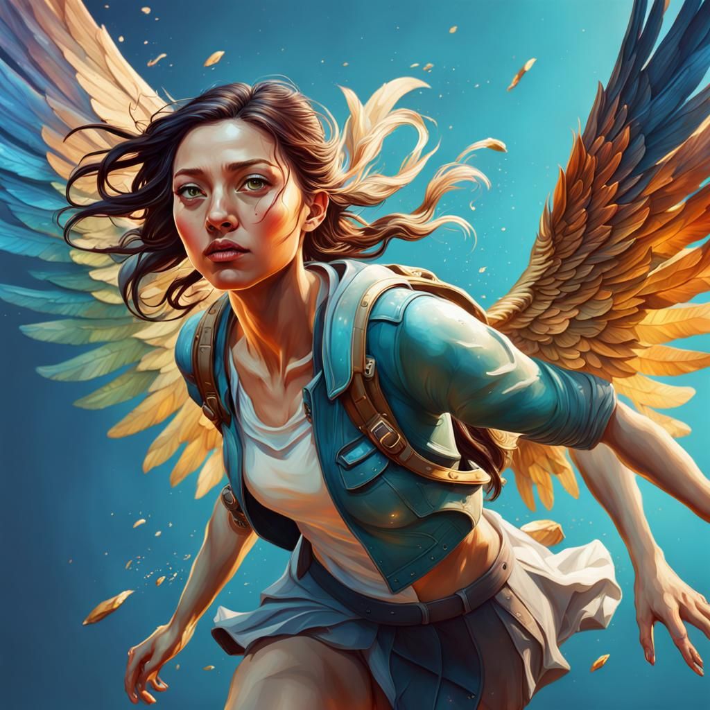 Girl Flying with Wings in Hyperrealistic Splash Art