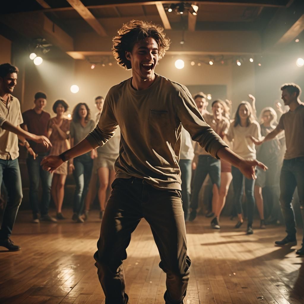 Joyful Man Dancing in Warm Cinematic Lighting