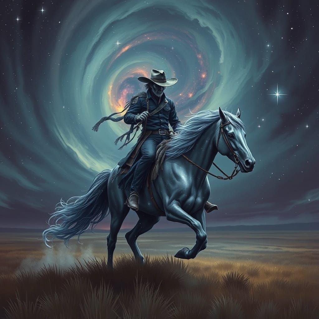 Spectral Cowboy Rides Phantom Horse Through Cosmic Nebula