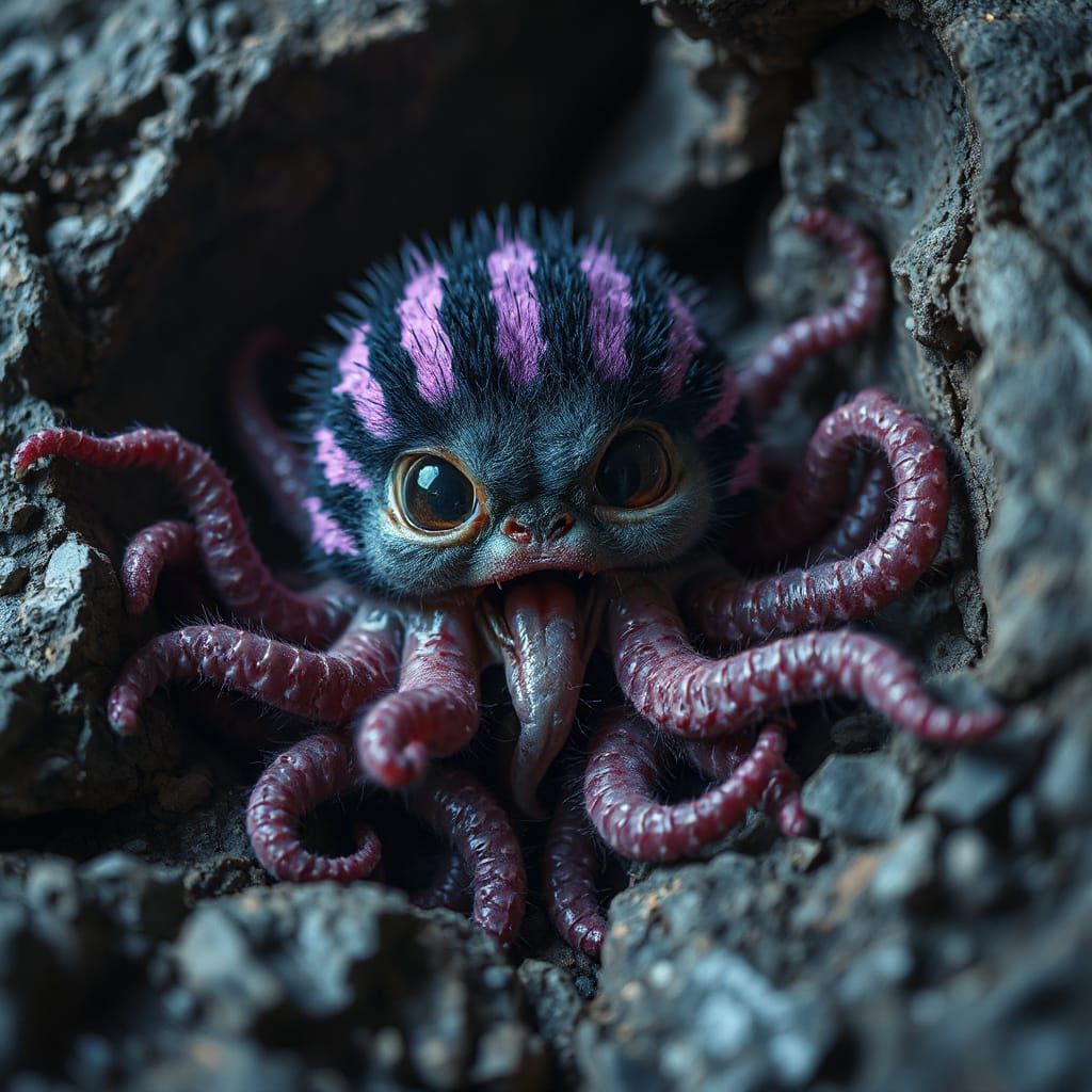 Neon Furry Creature in Rugged Rock Fissure