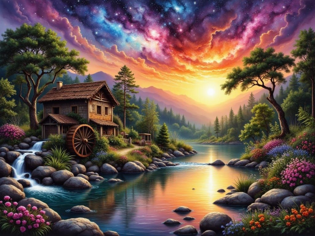 Vibrant Tropical Oasis Amidst a Celestial Sunset