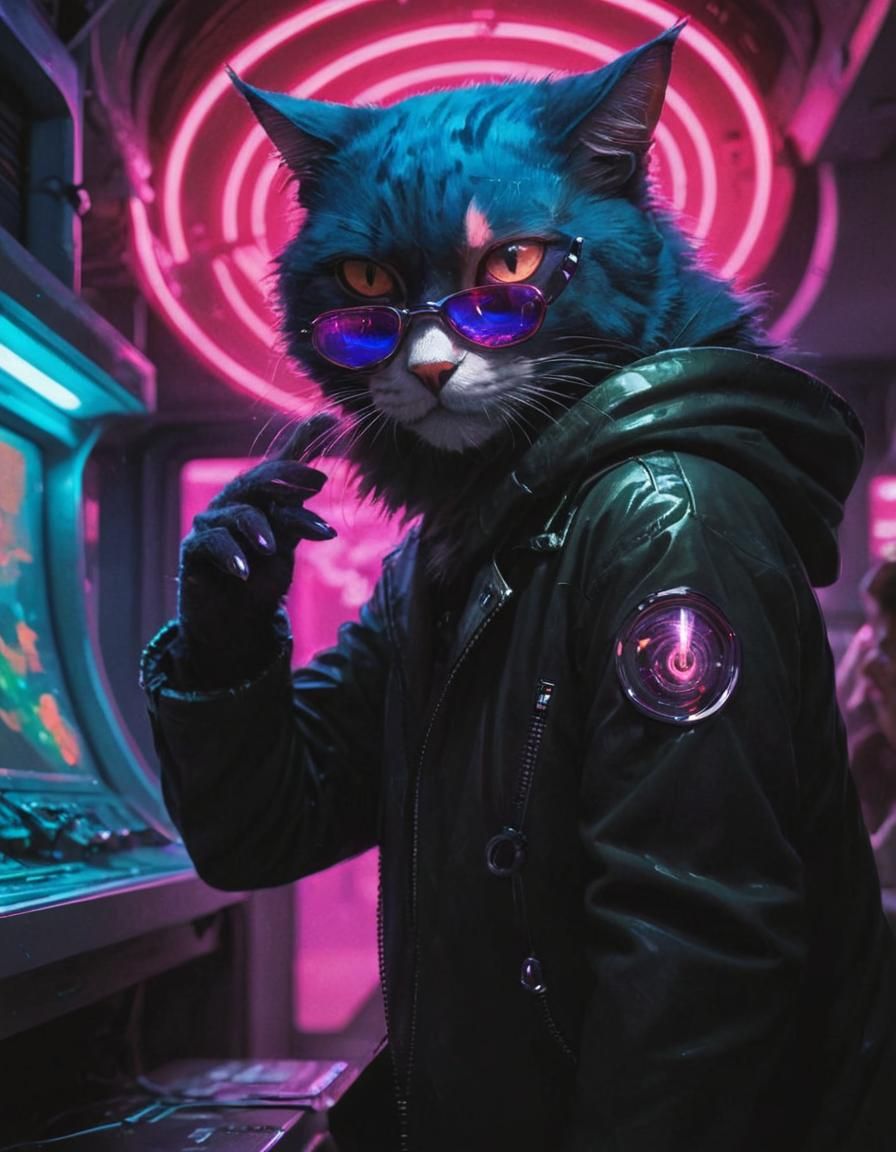 Cyberpunk Cat with 3D Glasses Eyes
