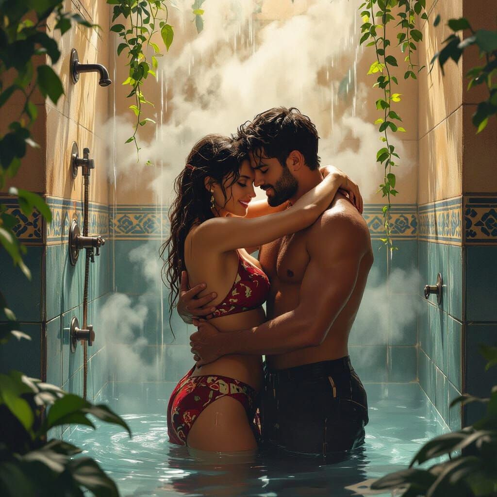 Mystical Shower Scene with Figures in Matte Painting Style