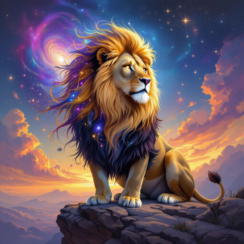 Galactic Lion King in Surreal Art Nouveau Style
