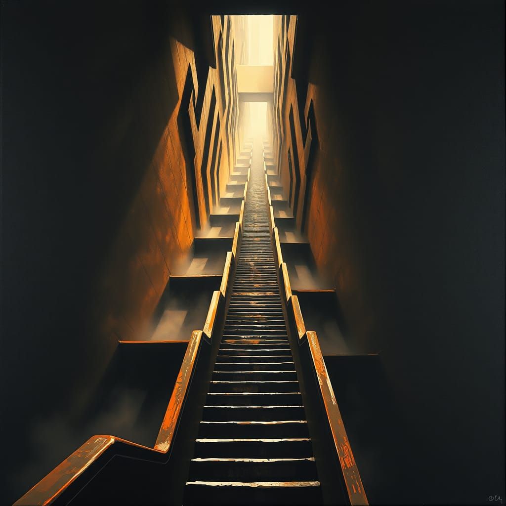 Infinite Staircase: Surreal Dieselpunk Ink and Oil Art