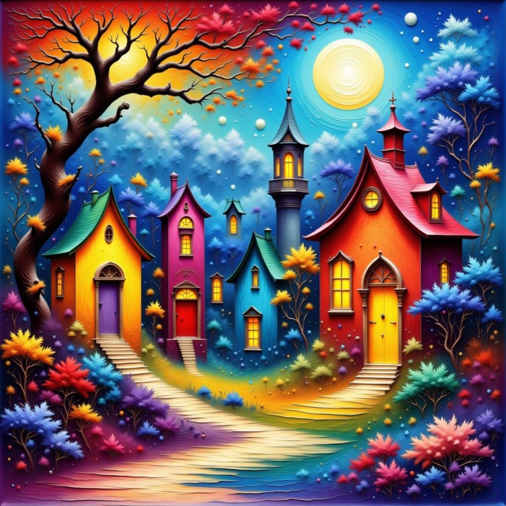 Whimsical Village Lit by Glowing Light in Surreal Style
