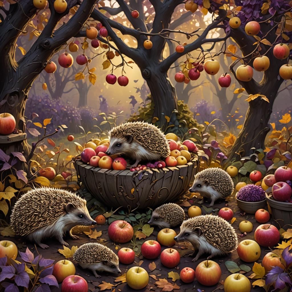 Hedgehog Harvest: Autumn Garden in Dark Fantasy Style