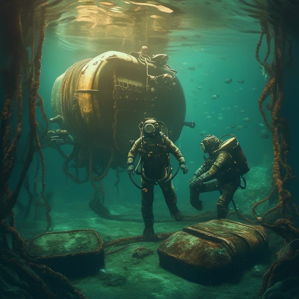 Submerged Tunnel Scene with Divers and Machine