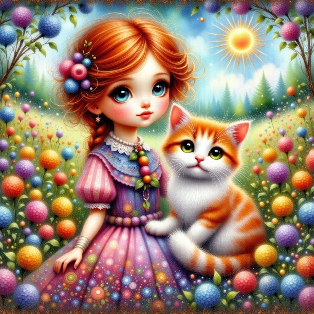 Girl and Cat in Flower Field: Impasto Oil Painting