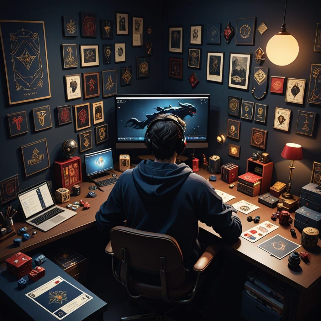 Sophisticated Game Enthusiast in Dimly Lit Study