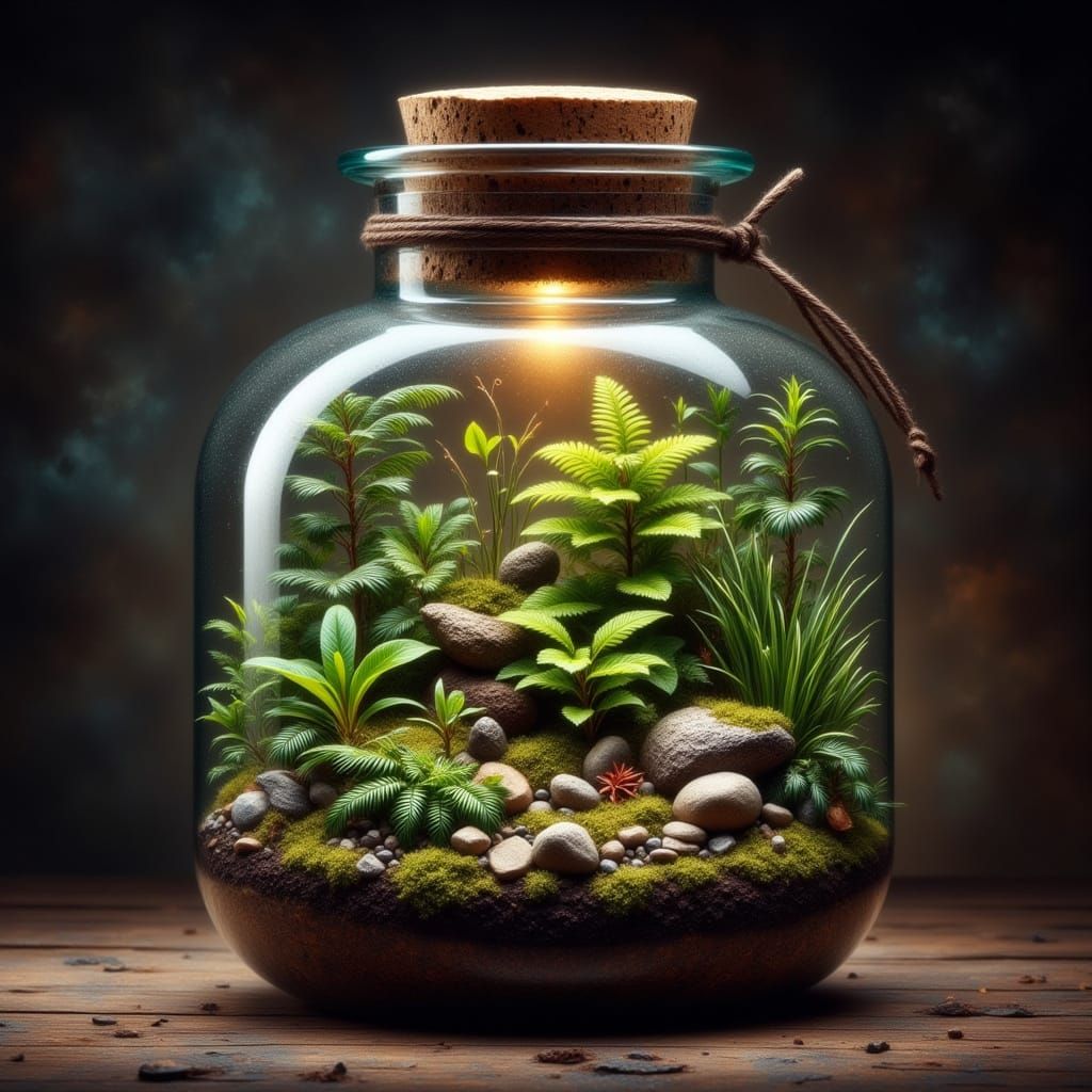 Surreal Glass Terrarium with Thriving Ecosystem
