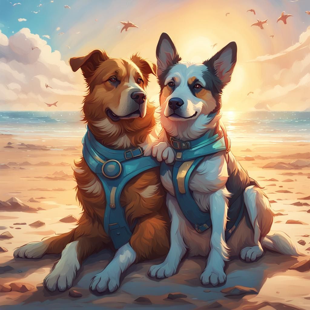 Dogs Hugging on Beach: Hyperdetailed Artstation Portrait
