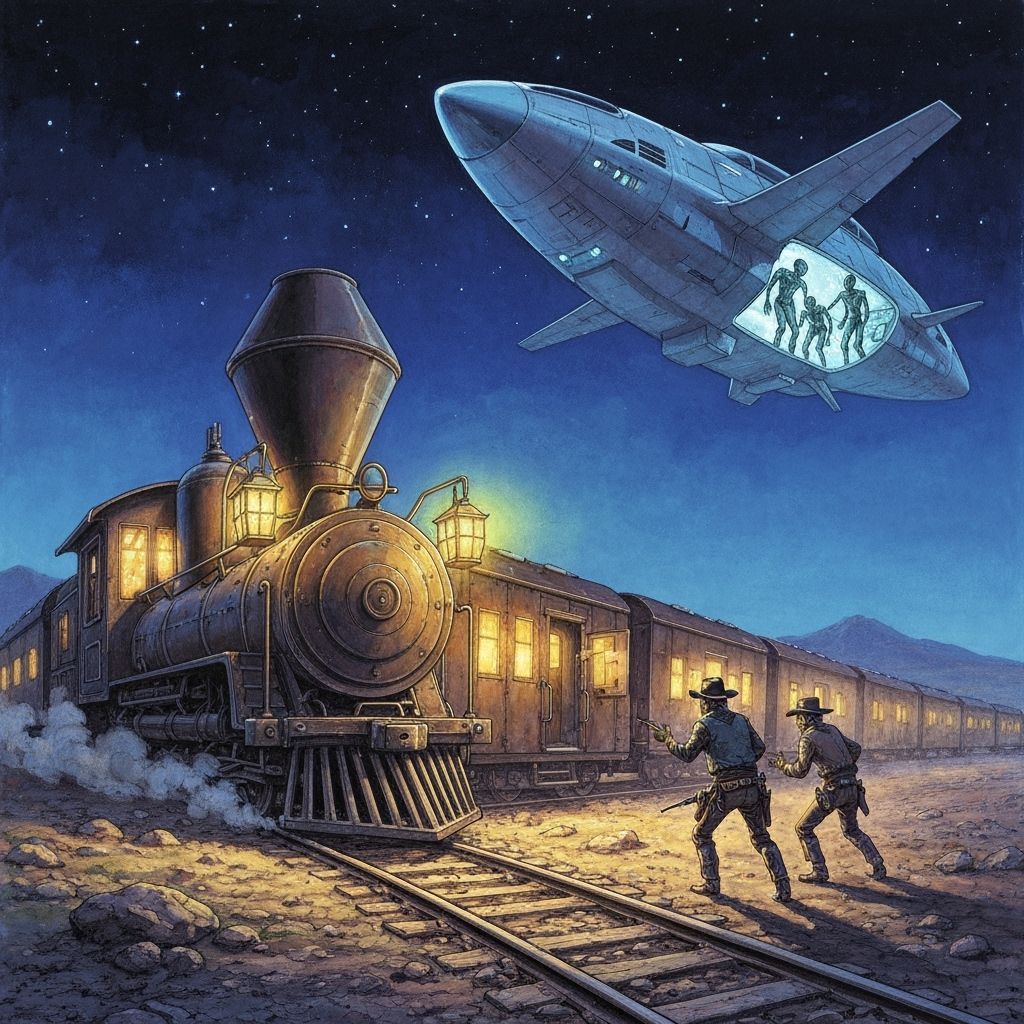 Wild West Train Robbery with Aliens in Gouache Style