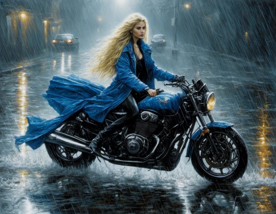 Woman on Motorcycle in Rain, Hyperrealistic Digital Art