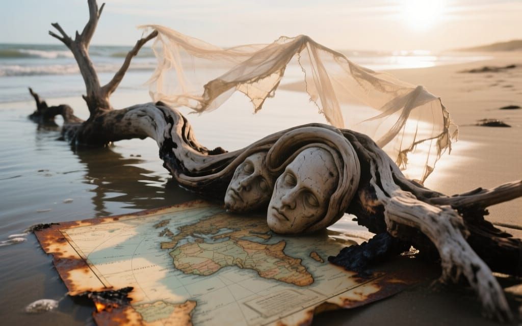 Driftwood Curling Eroded Olde-World Map, Charred and Rusty