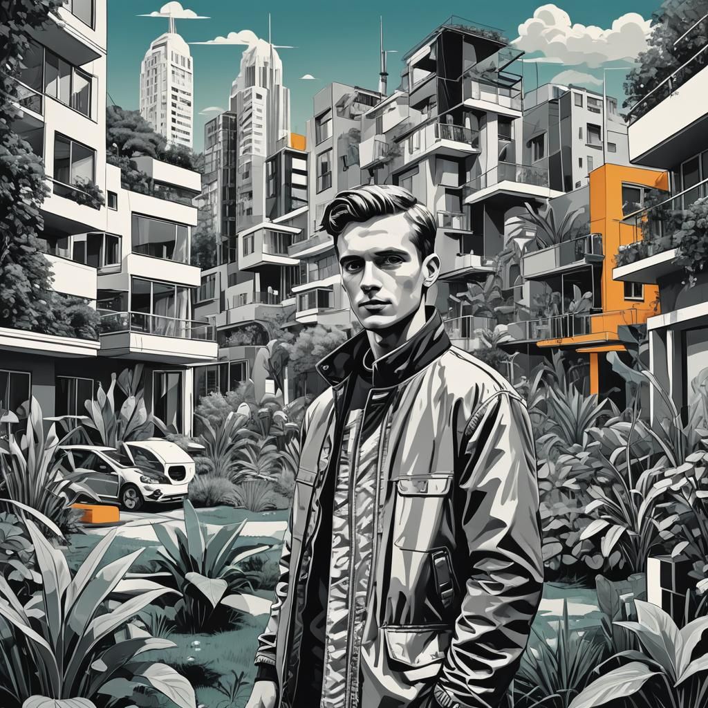 Urban Influencer in Pop Art Style, Futuristic Garden