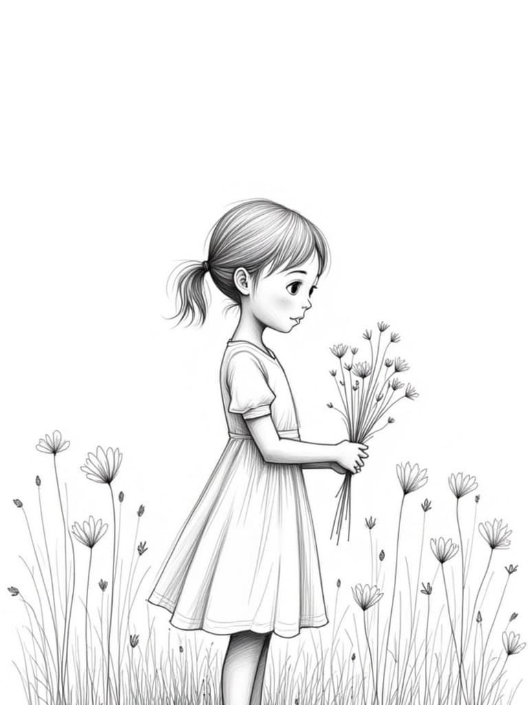 A Young Girl Surrounded by Wildflowers in a Pencil Sketch