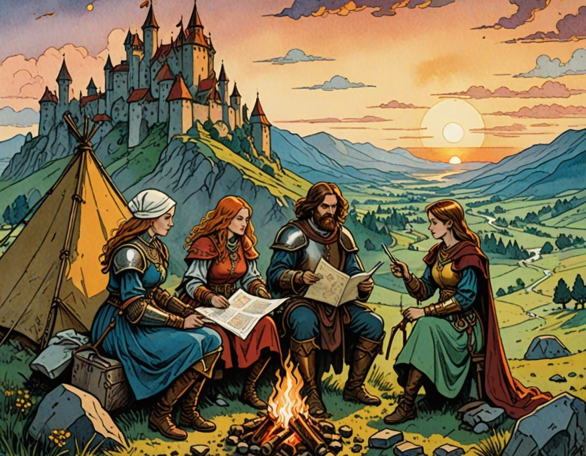 Fantasy Adventurers Camp at Sunset: Ink and Watercolor