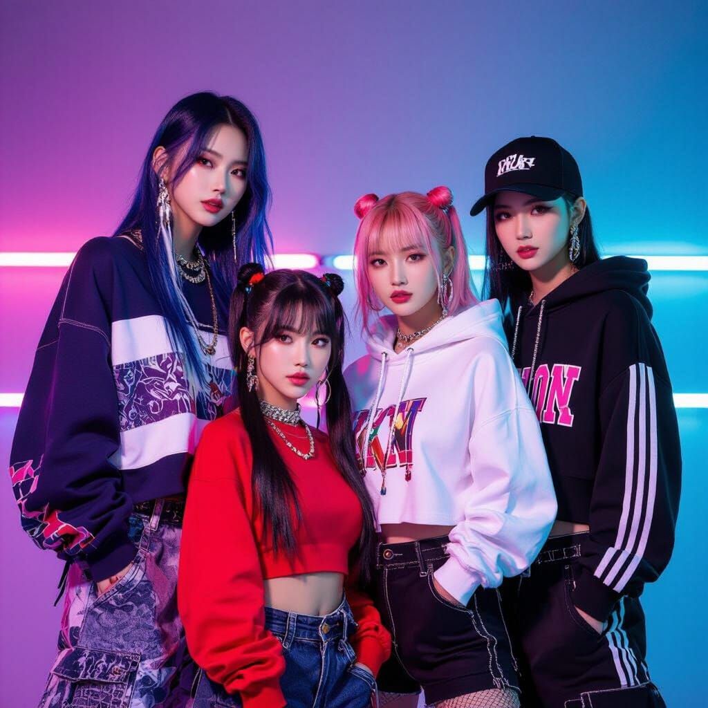 K-Pop Girl Group in Neon-Lit, Edgy Style