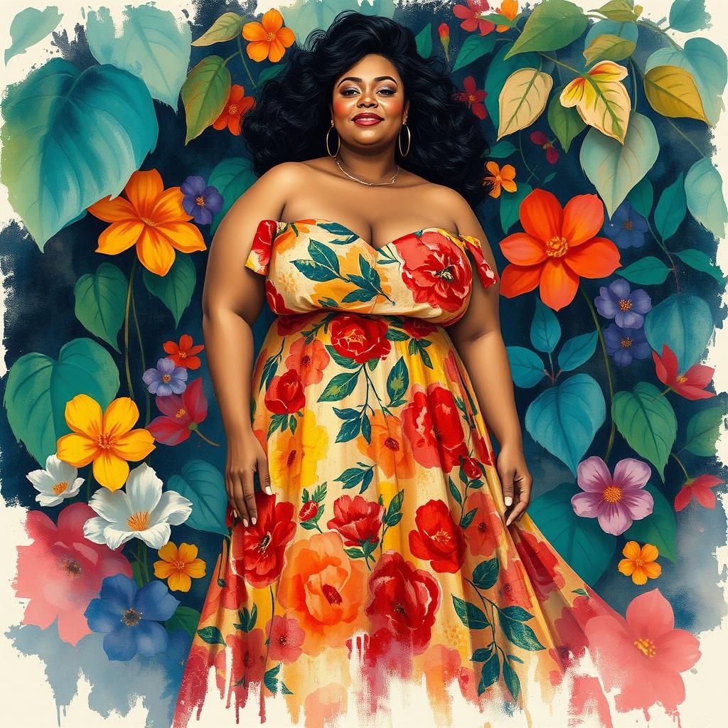 Confident Woman in Floral Dress: Gouache Impressionist Style