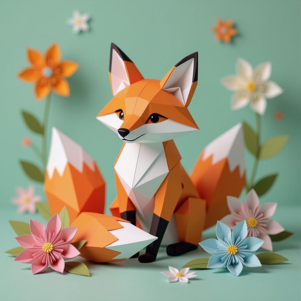 Delicate Origami Fox with Paper Flowers