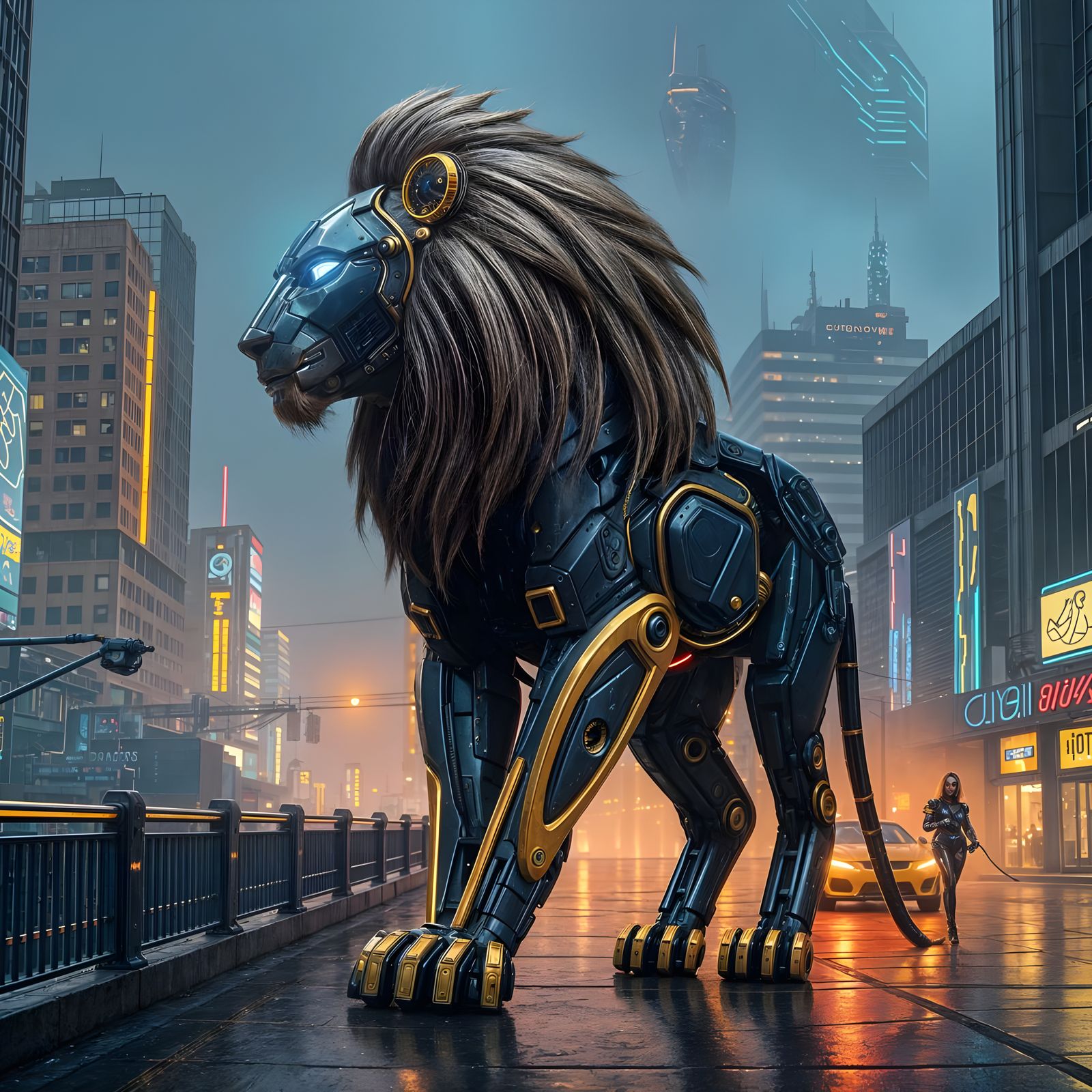Cyberpunk Cyborg Lion with Futuristic Metallic Body and Neon...