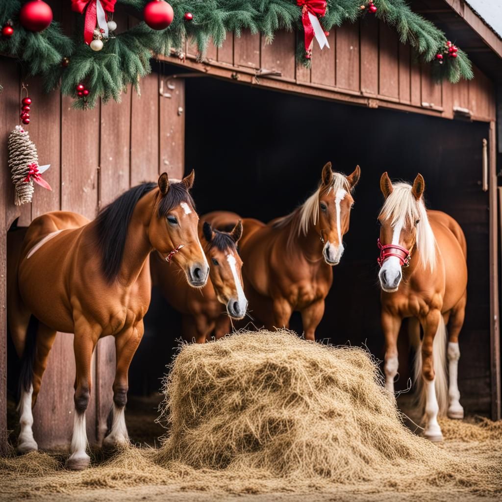 Horses Eating Hay in Christmas Decorated Stable