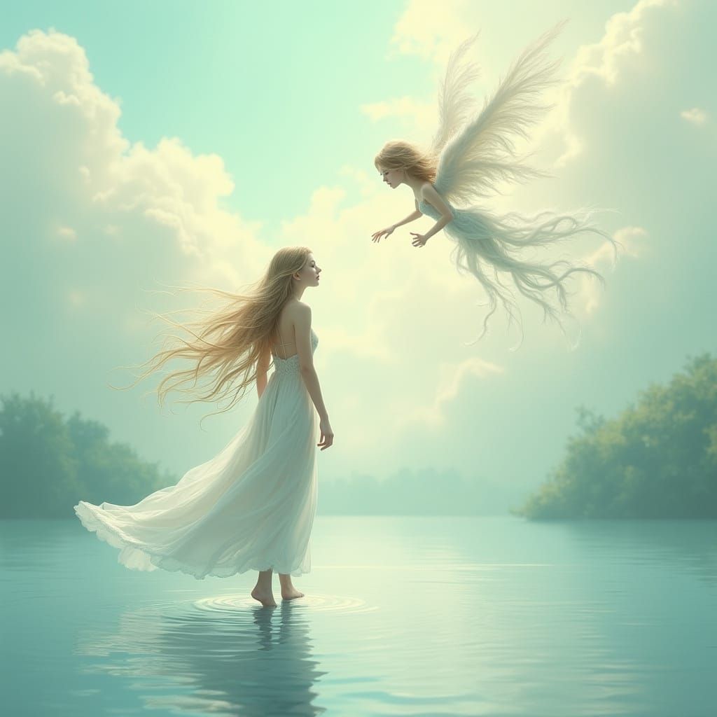 Ethereal Encounter: Wind Spirit Meets Water Nymph on Lake