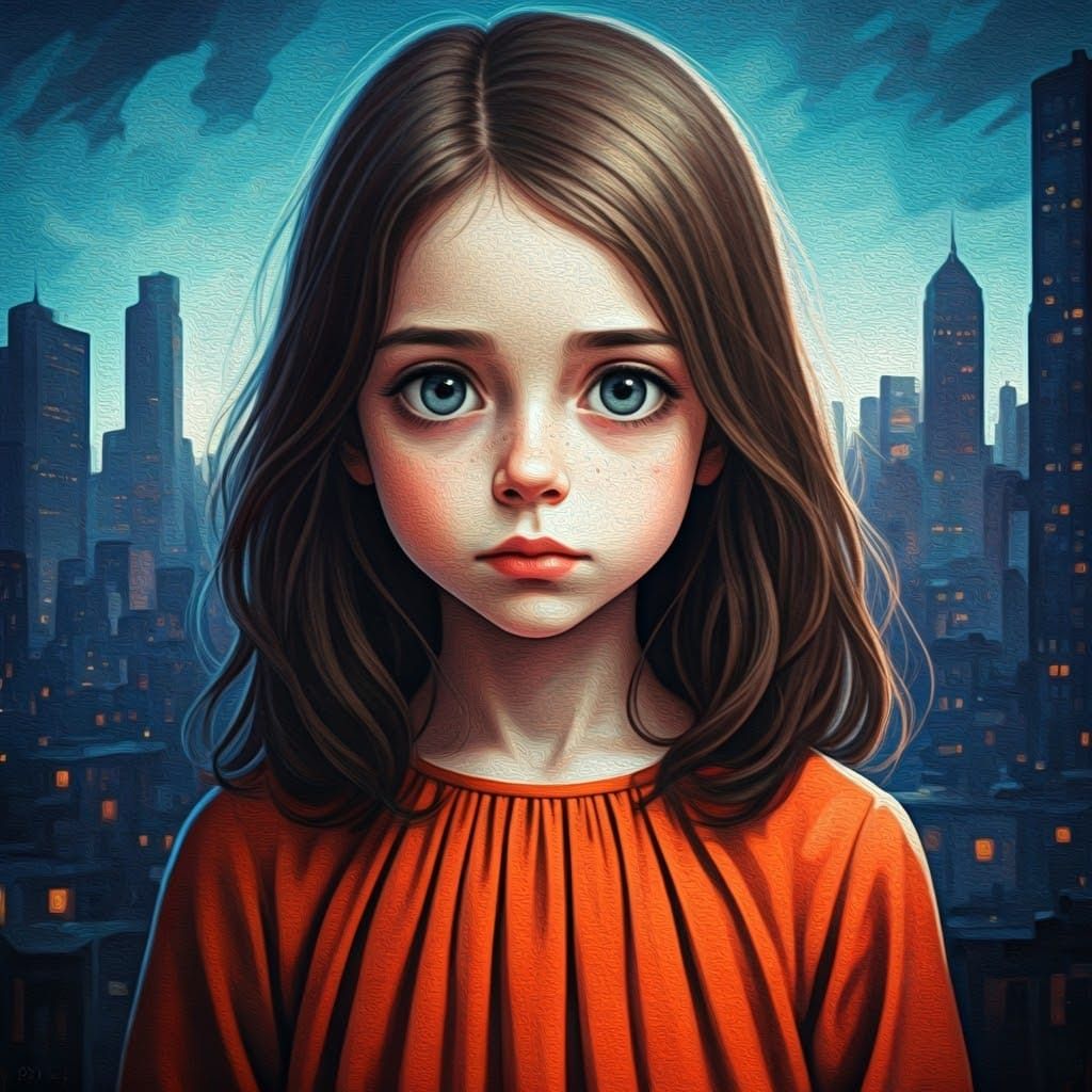 Girl Gazing at Cityscape, Expressionist Digital Art